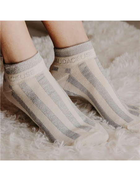 Chaussettes basses sneakers "AUDACIEUSE" – rayées écru/ gris - Poule House
