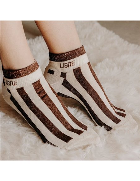 Chaussettes basses sneakers "LIBRE" – rayées écru/ chocolat - Poule House