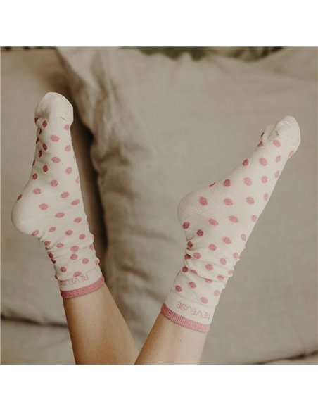 Chaussettes hautes "REVEUSE" – pois écru/ rose - Poule House