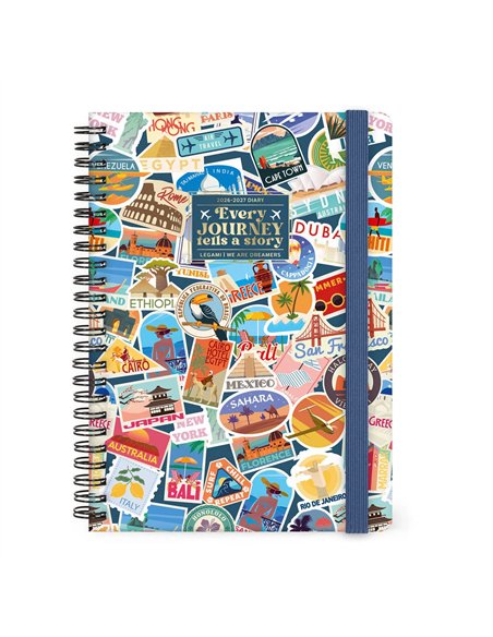 Agenda 2026/2027 Semainier 16 Mois - Travel Stickers - Avec Spirale - Large - legami