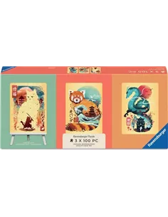 Puzzles Adultes 3x100 pièces - Chat, panda roux et dragon Ukyio-E