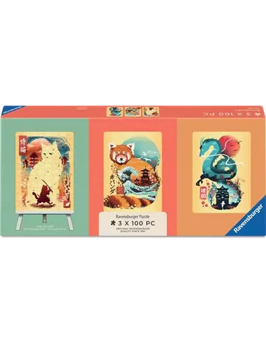 Puzzles Adultes 3x100 pièces - Chat, panda roux et dragon Ukyio-E