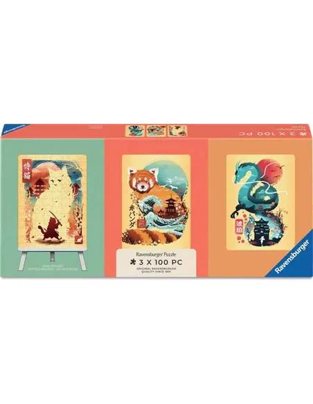 Puzzles Adultes 3x100 pièces - Chat, panda roux et dragon Ukyio-E