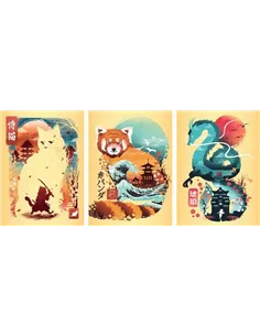 Puzzles Adultes 3x100 pièces - Chat, panda roux et dragon Ukyio-E 2