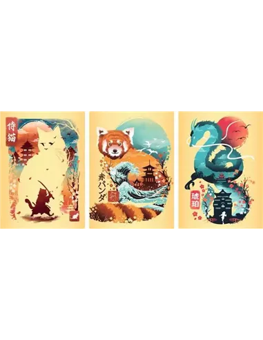 Puzzles Adultes 3x100 pièces - Chat, panda roux et dragon Ukyio-E