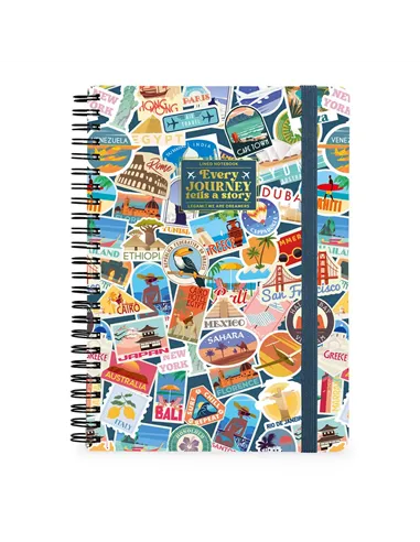 Cahier Ligné A4 à Couverture Rigide Illustrée - Travel Stickers - Bloc-mémo - Avec Spirale - Legami
