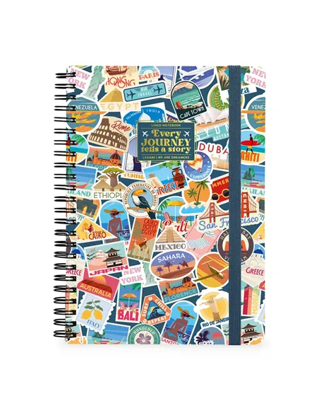Cahier Ligné A4 à Couverture Rigide Illustrée - Travel Stickers - Bloc-mémo - Avec Spirale - Legami