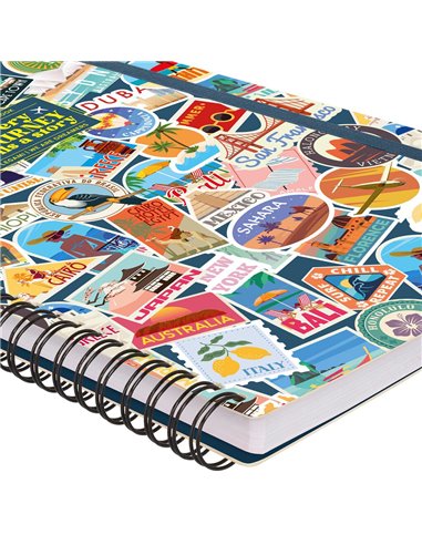 Cahier Ligné A4 à Couverture Rigide Illustrée - Travel Stickers - Bloc-mémo - Avec Spirale - Legami