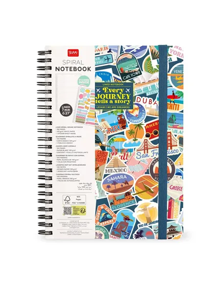Cahier Ligné A4 à Couverture Rigide Illustrée - Travel Stickers - Bloc-mémo - Avec Spirale - Legami