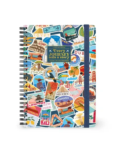 Cahier Ligné A5 à Couverture Rigide Illustrée - Travel Stickers - Bloc-mémo - Avec Spirale - Legami