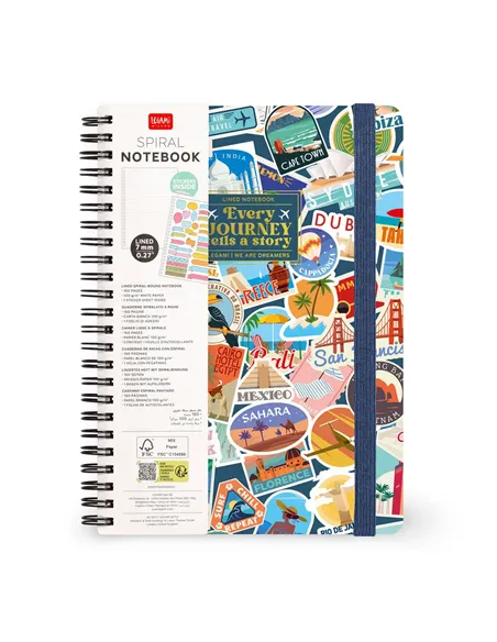 Cahier Ligné A5 à Couverture Rigide Illustrée - Travel Stickers - Bloc-mémo - Avec Spirale - Legami