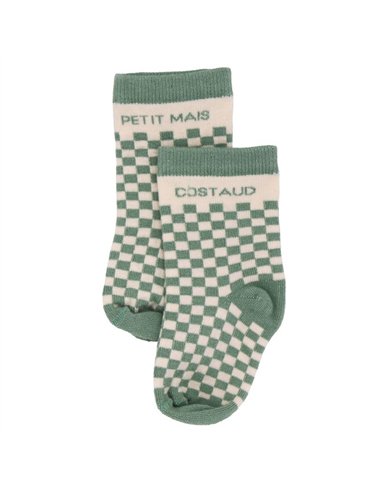 Chaussettes damier "Petit mais Costaud" vert de gris - 6-18 mois - BB&co