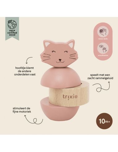 Jouet d’empilage avec hochet en bois Mrs. Cat