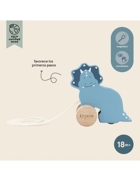 Jouet en bois à tirer Mr. Triceratops - Le Monde Imaginaire